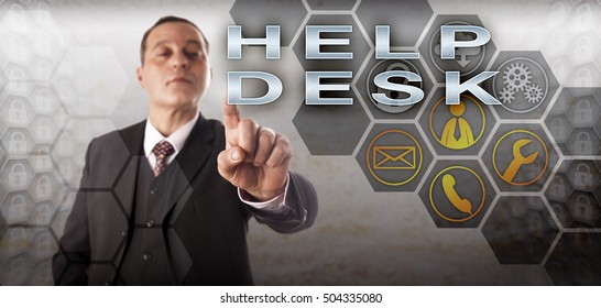 Confident male queue supervisor with assertive look is touching HELP DESK on an interactive control screen. Information technology concept and business metaphor for customer experience management.