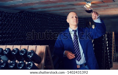 Confident male winemaker degusting red wine in wine cellar near bottles racks  Zdjęcia stock © 