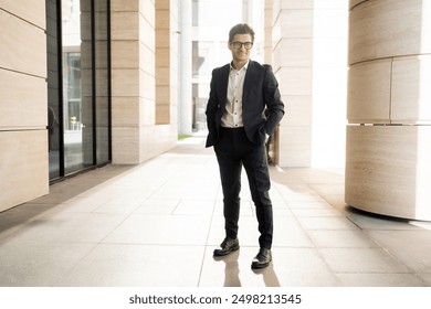 Confident man in a black suit and glasses standing in a sunlit modern architectural setting.

 - Powered by Shutterstock