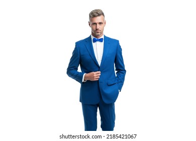 Confident Man Bridegroom In Blue Rich Tux Bow Isolated On White Background