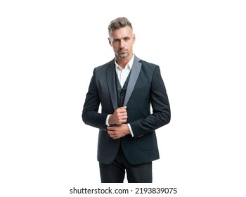 Confident Man Bridegroom In Rich Tux Isolated On White Background