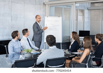 Confident mature businessman giving a presentation to his team in office. Business brief with annual goals with employees. Leadership man training businessmen and businesswomen in conference room.