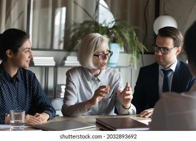 Confident Mature Businesswoman Mentor Team Leader In Glasses Speaking, Training, Leading Corporate Meeting With Diverse Employees, Colleagues Business Partners Talking Negotiating At Briefing