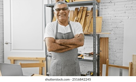 Confident mature man with crossed arms wearing an apron in a bright carpentry workshop with wood and tools. - Powered by Shutterstock