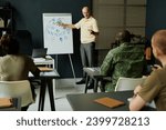 Confident mature teacher pointing at whiteboard with arrows and sketches while standing in front of audience and explaining military tactics