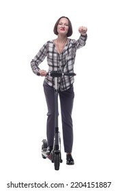 Confident Mature Woman With Electric Scooter Showing Thumbs Up.