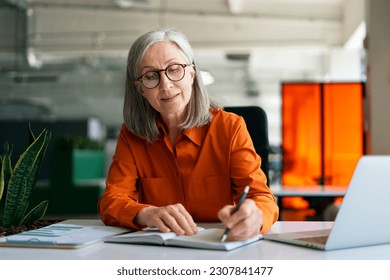 Confident mature woman, writer  using laptop computer, taking notes, working project in modern office. 60 years old female, financier working at workplace. Successful business - Shutterstock ID 2307841477
