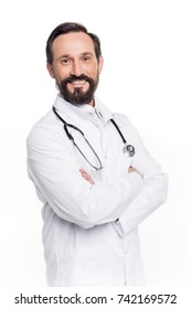 confident middle aged doctor with stethoscope smiling at camera isolated on white