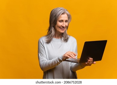 Confident Modern Mature Woman Using Laptop Isolated On Yellow, Senior Female Entrepreneur Typing, Middle-aged Lady With Gray Hair In Casual Wear Checking Emails