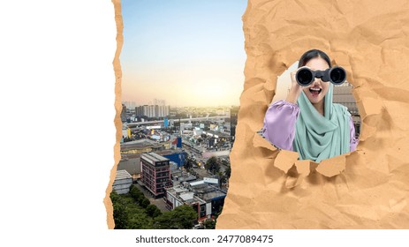 Confident muslim businesswoman in hijab uses binoculars to search city through torn paper hole, seeking opportunities and envisioning success - Powered by Shutterstock