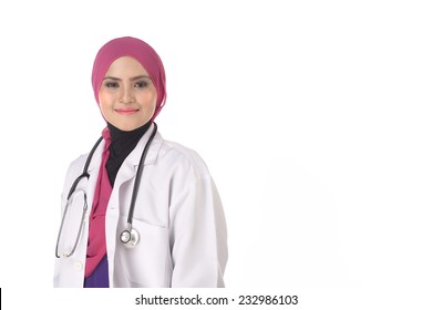 Confident Muslim female doctor standing with isolated white