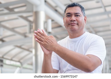 Confident Old Senior Man Clapping His Hand; Strong Happy Healthy Asian Senior Man In City Environment; Senior Old Man Model For Senior Citizen, Pensioner, Retired Man Concept Usage