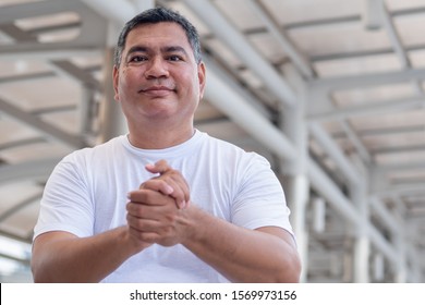 Confident Old Senior Man Clapping His Hand; Strong Happy Healthy Asian Senior Man In City Environment; Senior Old Man Model For Senior Citizen, Pensioner, Retired Man Concept Usage