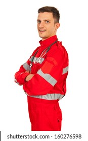 Confident paramedic man with arms folded isolated on white background