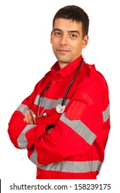 Confident paramedic man standing with arms folded isolated on white background