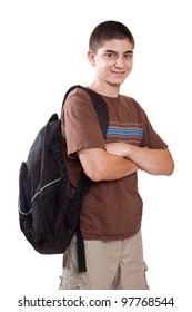Confident preteen student with backpack isolated on white