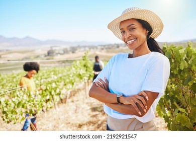 Confident Or Proud Farmer With Arms Crossed And Smile Vineyard Agriculture Field. Young Woman On Sustainable Wine Or Green Fruit Farm In Summer. Worker Happy With Growth Sustainability On