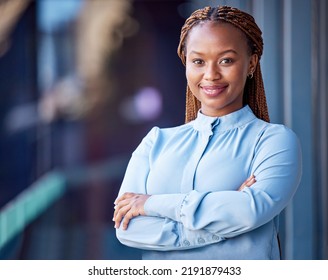 Confident, Proud And Satisfied Business Woman Standing With Arms Crossed At Office, Ceo Showing Smile And Leader Working Corporate On Balcony At Work. Portrait Of Black Female Boss Expressing