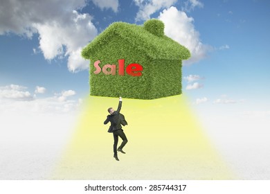 Confident Real Property Agent Just Sold A House. Taking Off House And Businessman.