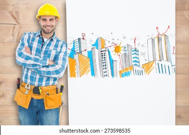 Confident repairman leaning on blank billboard against bleached wooden planks background - Powered by Shutterstock