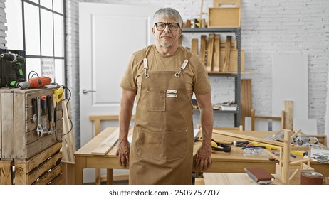 Confident senior man in apron stands in a well-equipped carpentry workshop with tools and wood - Powered by Shutterstock