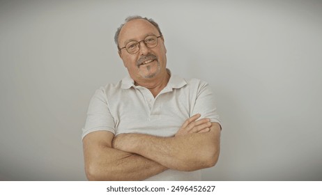 Confident senior man with moustache smiling, arms crossed in front of a white isolated background. - Powered by Shutterstock