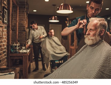 Confident Senior Man Visiting Hairstylist In Barber Shop.