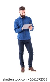 Confident Serious Bearded Business Man Using Tablet Touch Pad Screen. Full Body Isolated On White Background.