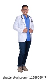 Confident Smiling Male Asian Doctor Posing And Looking At Camera. Isolated On White. Full Body Potrait