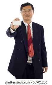 Confident Smiling Senior Asian Business Man Holding A Blank Business Card, The Focus Was On The Business Card.