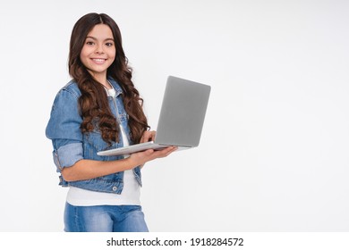 Confident Smiling Young Teen Girl With Laptop Isolated Over White Background