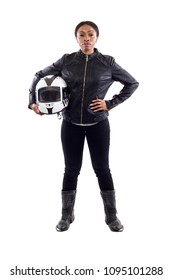 Confident Strong Black Female Holding A Helmet As A Race Car Driver, Motorcycle Biker Or A Stuntwoman.  The Image Depicts Feminism By Portraying A Gritty Woman Of Extreme Motorsports.