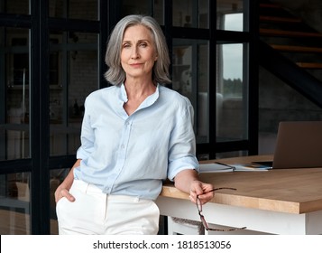Confident stylish european mature middle aged woman standing at workplace. Stylish older senior businesswoman, 60s gray-haired lady executive leader manager looking at camera in office, portrait.