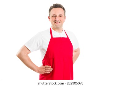 Confident and successful hypermarket worker wearing red apron - Powered by Shutterstock