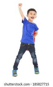 confident Superhero kid make a flying pose