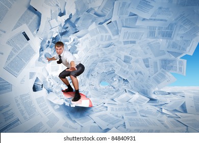 Confident surfer riding the barrel of documents wave