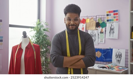 Confident tailor with arms crossed in a design room surrounded by fashion sketches, fabric samples, and a mannequin. - Powered by Shutterstock