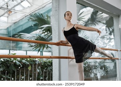 Confident teenage ballet dancer gracefully performing Arabesque position standing on one leg at barre in dance studio with huge windows, copy space - Powered by Shutterstock