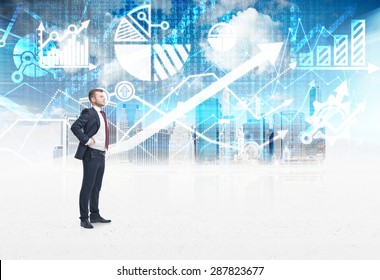 A Confident Trader Is Standing In The Digital Space Over The New York City Sketch. The Concept Of The Capital Market Transactions And Forex Trading.