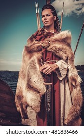 Confident Viking Woman Sword Shield Standing Stock Photo 481836466 ...