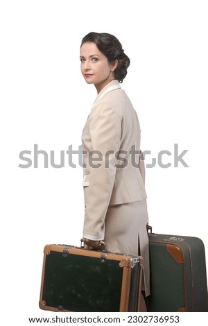 Confident vintage woman leaving with luggage, freedom and travel concept