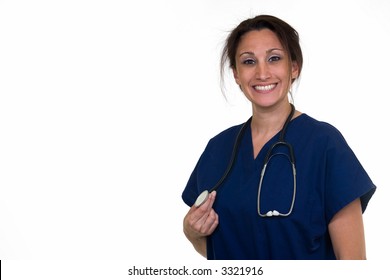 Confident Woman Healthcare Worker Wearing Dark Blue Scrubs Holding The End Of A Stethoscope On White