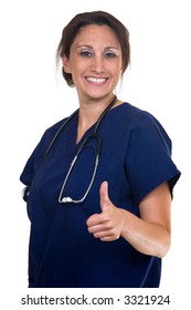 Confident Woman Healthcare Worker Wearing Dark Blue Scrubs With Stethoscope On Shoulders Holding Thumb Up To Show Success Standing On White