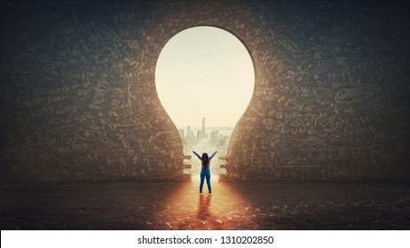 Confident Woman Raising Hands Feel Free Standing Alone In Front Of A Light Bulb Hole As A Huge Gate Shaped In A Concrete Wall With A View To The City. Different Thinking, Idea Concept.