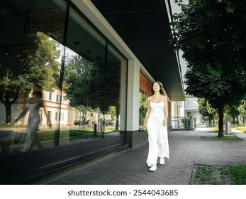 Confident woman walking in urban setting with modern architecture and reflective glass - Powered by Shutterstock