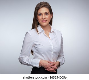 Confident Woman In White Shirt Isolated Portrait.