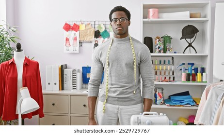 Confident young african american male tailor in a modern workshop, surrounded by sewing equipment and colorful fabrics. - Powered by Shutterstock