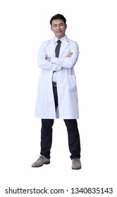 Confident Young Asian Medical Doctor On White Background. Full Length Image Of Asian Smart Doctor Or Scientist In A Lab Coat Standing Arms Crossed