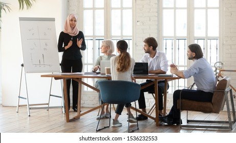 Confident Young Asian Muslim Businesswoman Manager Coach Wear Hijab Give Flip Chart Presentation At Business Meeting, Ethnic Islamic Lady Speaker Teacher Consult Diverse Group At Corporate Training