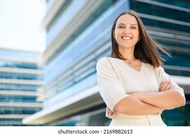 Confident Young Business Woman Stands With Arms Crossed, Smiling Proud Female Office Employee, Small Buisness Owner Looking At The Camera